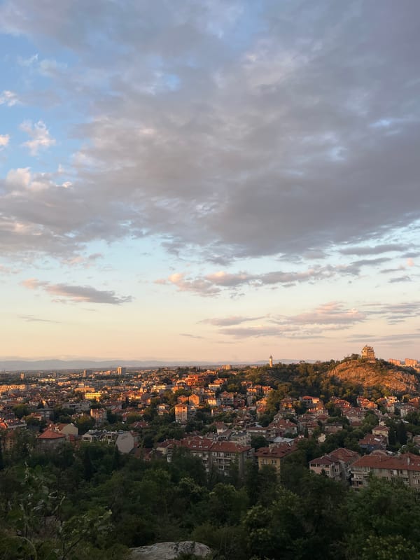 Plovdiv at golden hour, from hilltop to monument to park