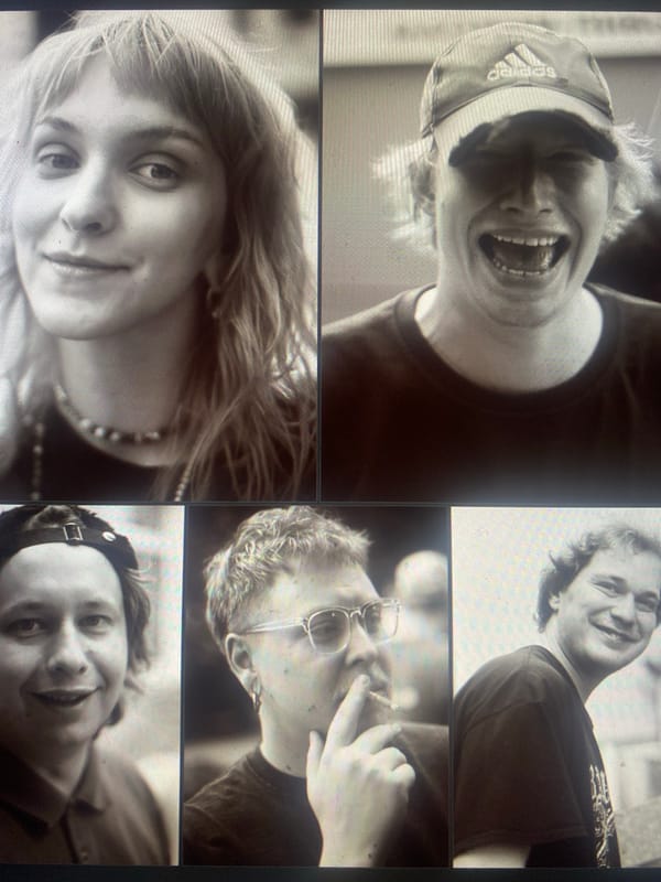 Grid of five black and white portraits observed