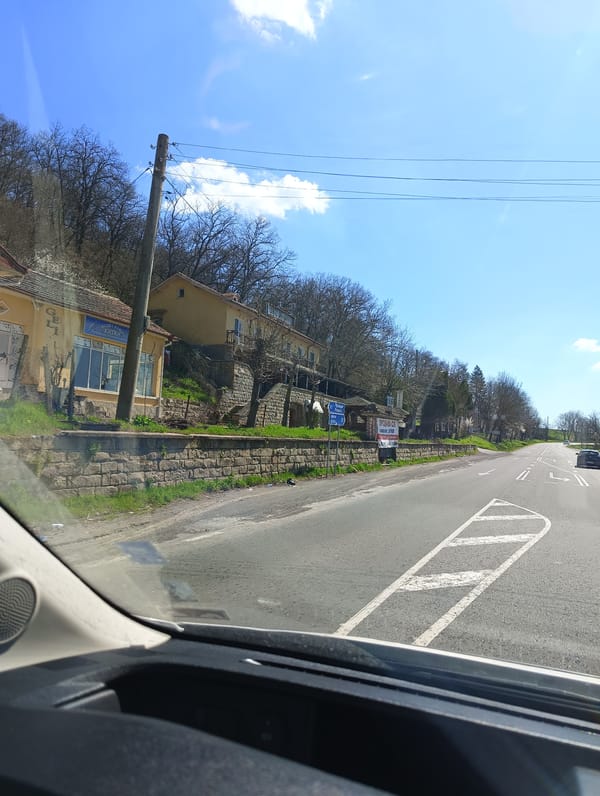 Vehicle travels two-lane road with chevron markings outside city