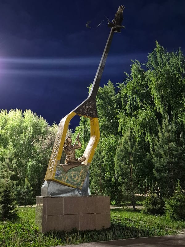 Eagle monument photographed at night in Kokshetau, Kazakhstan
