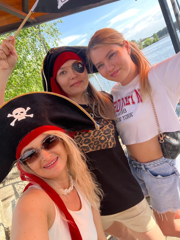 Pirate-themed riverside party captured along Kama River in Chaikovsky