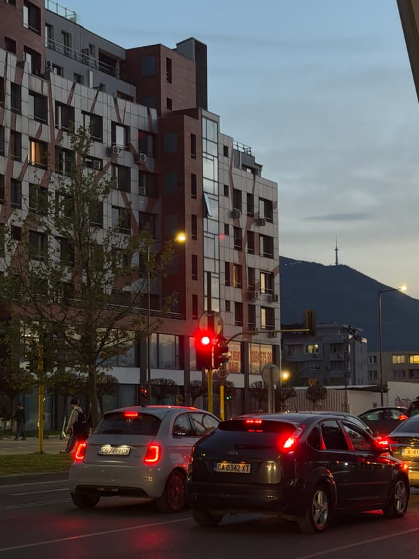 Urban architecture documented with wisteria blooms, mountain views