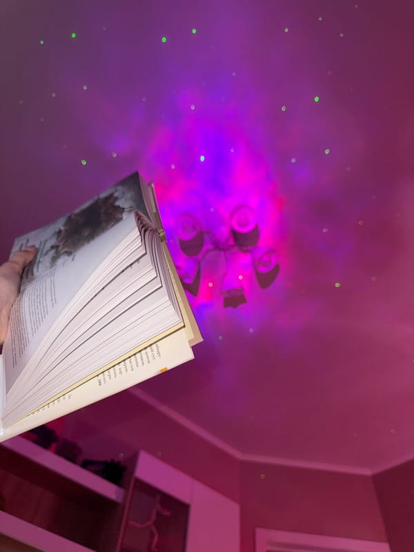 Reader enjoys book by rainy window amid colored lighting