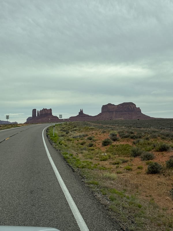 Woman in cowboy hat photographed during desert road trip