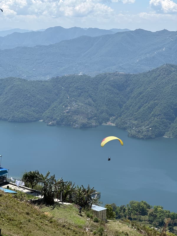 Paragliders soar over Phewa Lake in early morning flight