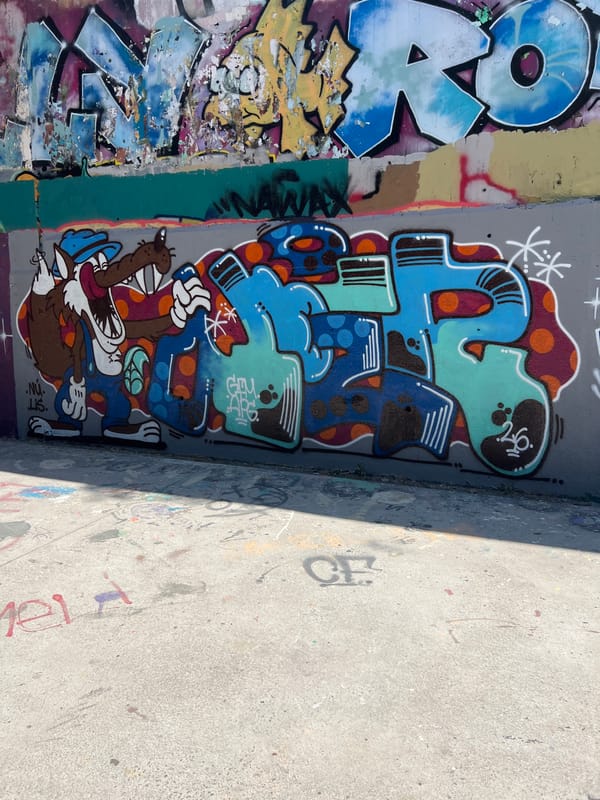 Barcelona skatepark walls covered in layered graffiti and murals