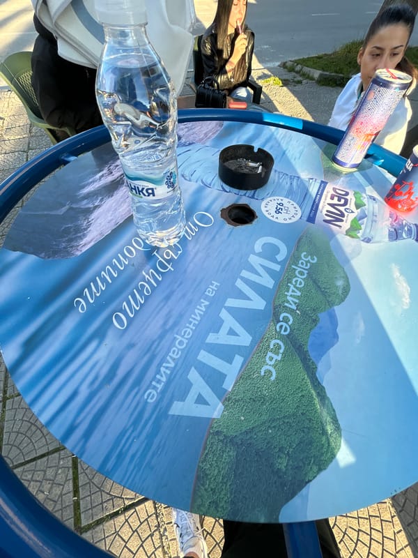 Devin mineral water ad spotted on outdoor table in Strelcha