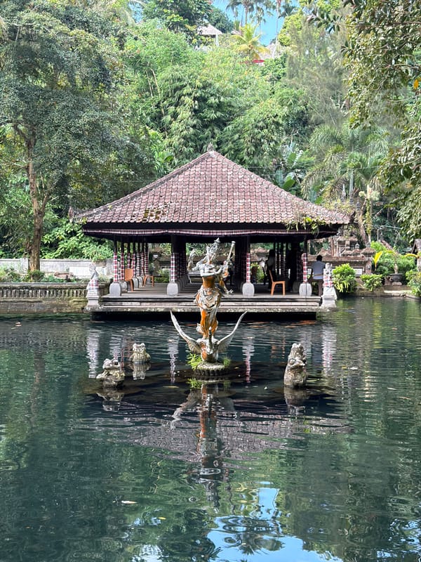Morning visit to Balinese temple gardens with koi ponds