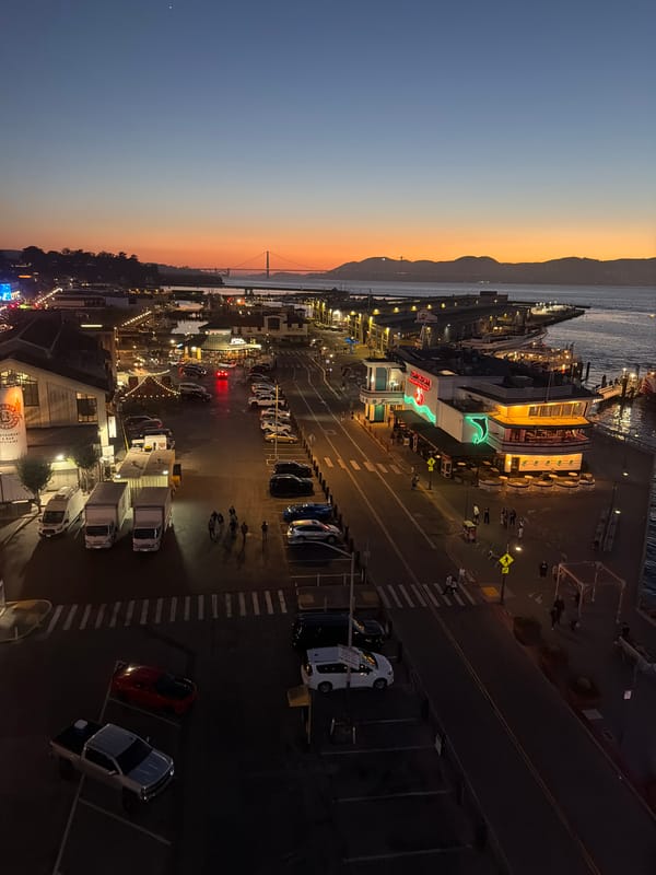 Fisherman's Wharf at dusk, Golden Gate on the horizon