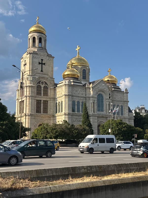 Street view of Varna with the Dormition Cathedral in the background