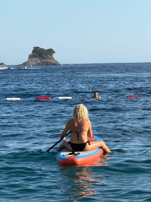 Sunny afternoon on Budva's Adriatic coastline, water and beach.