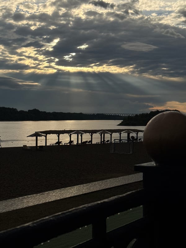 Rainy afternoon along Pavlodar's Irtysh riverfront embankment