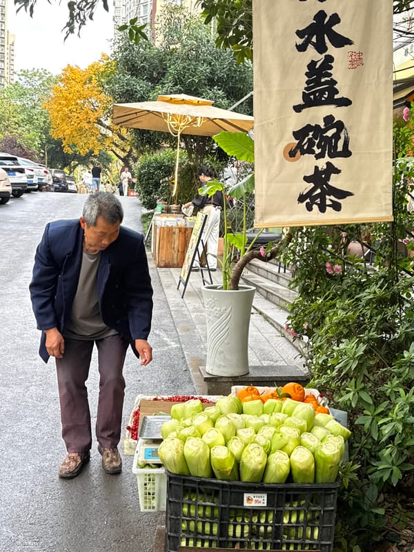 Elderly man stands by street produce display in Yuzhong District