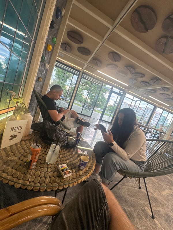 Afternoon coffee shop gathering captured in Yambol, Bulgaria