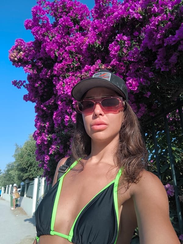 Bougainvillea backdrop selfie on a Greek summer afternoon