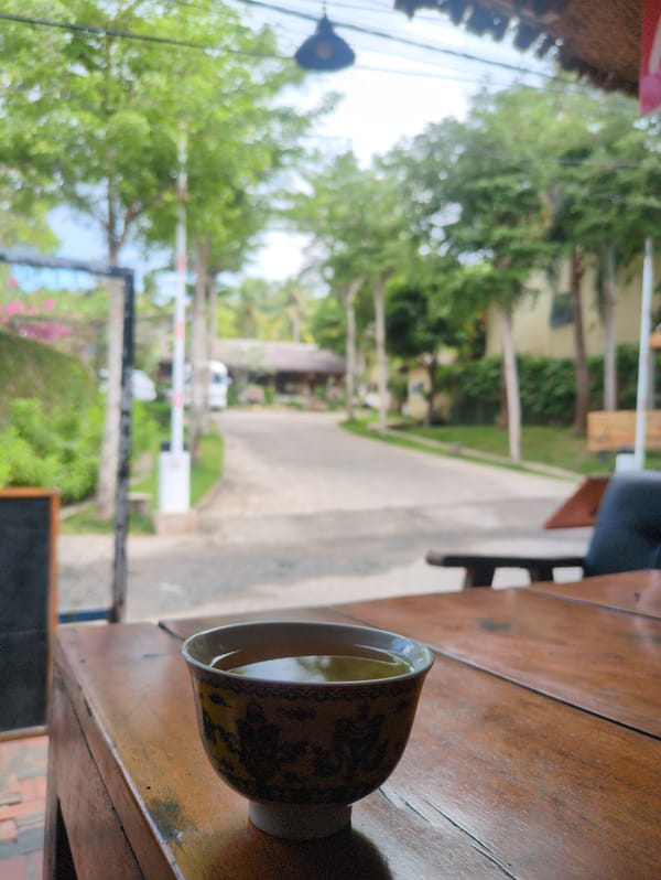 Teacup on wooden table photographed in Phú Quốc, Vietnam