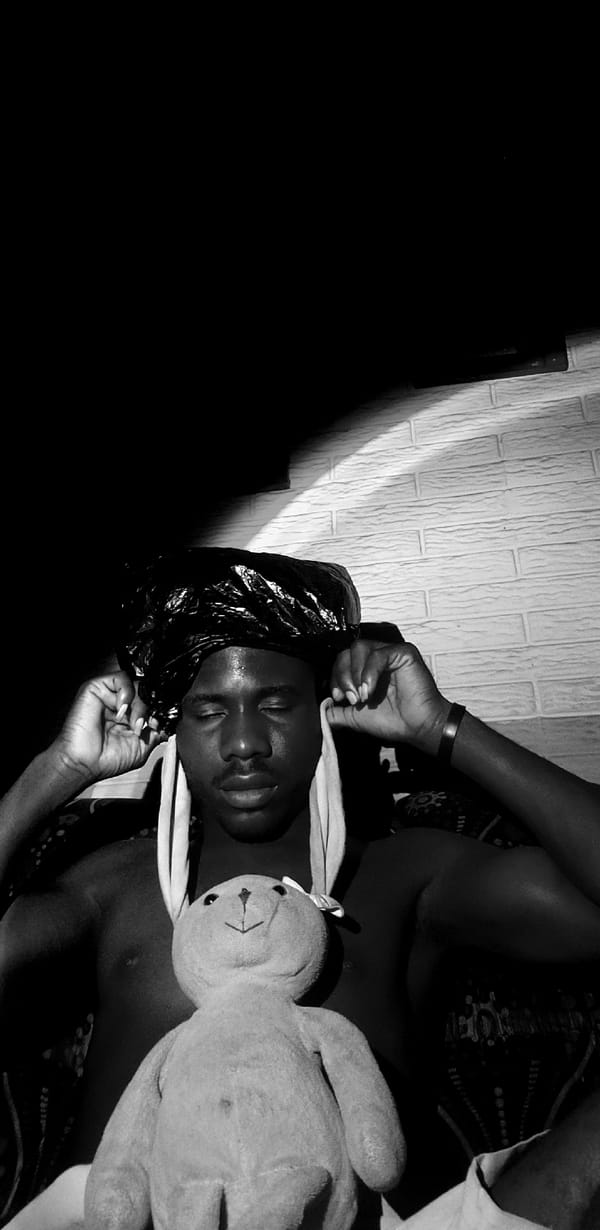 Black and white portrait series with plastic bag headwear, Narayi