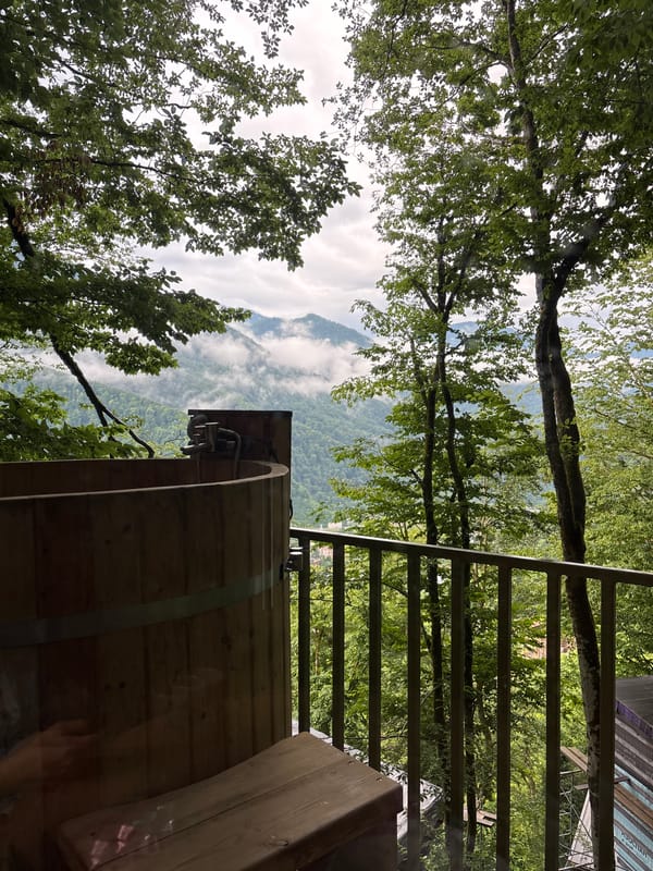 Cozy mountain cabin morning in Krasnaya Polyana