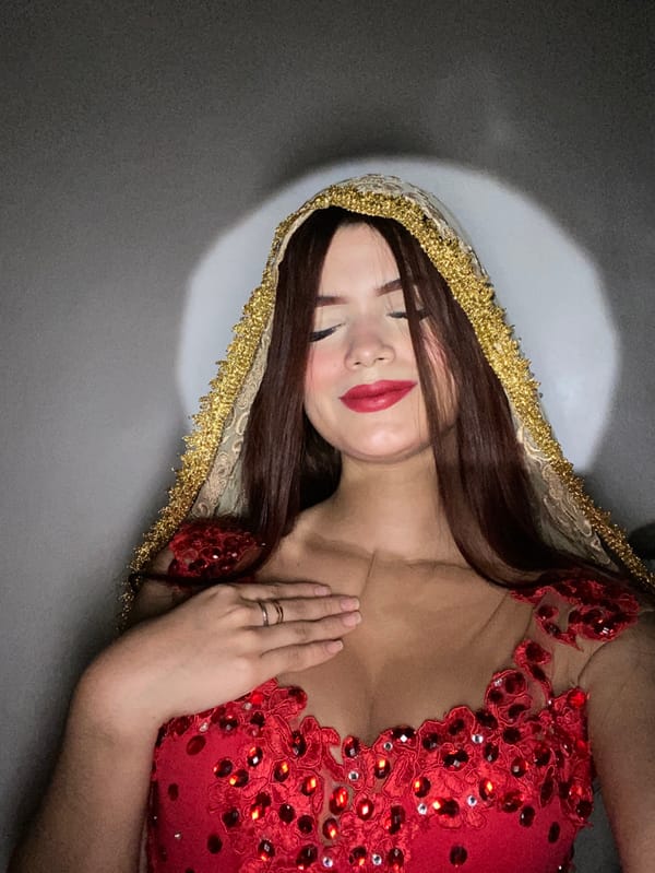 Woman poses for portrait session in traditional dress in Venezuela