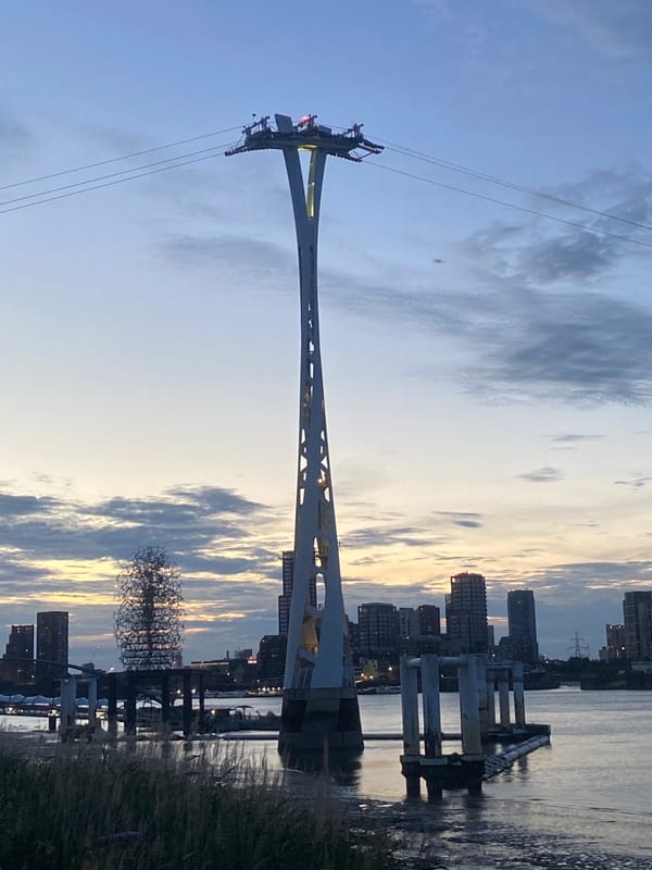 Dusk along the Thames at the Emirates Air Line crossing