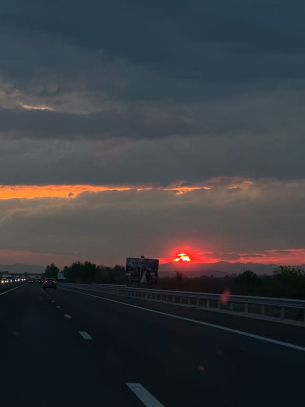 Dramatic sunset observed over highway in Malo Konare, Bulgaria