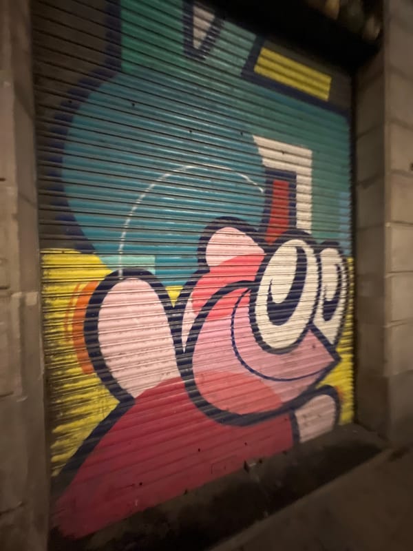 Late-night Barcelona streets: graffiti, wet cobblestones, skating