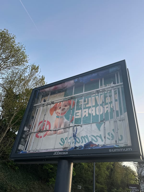 Torn billboard spotted near Orsay train station
