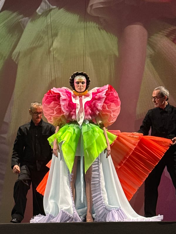 Theatrical floral fashion show staged in Paris