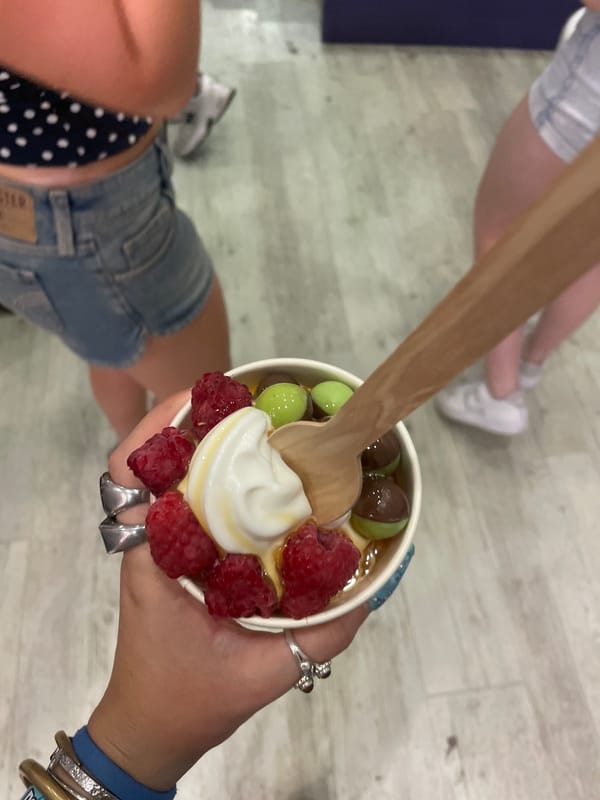 Froyo with raspberries and candy toppings, north London