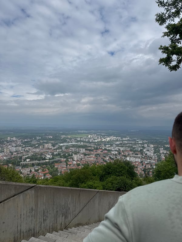Tourist documents monument visit and gym workout in Shumen