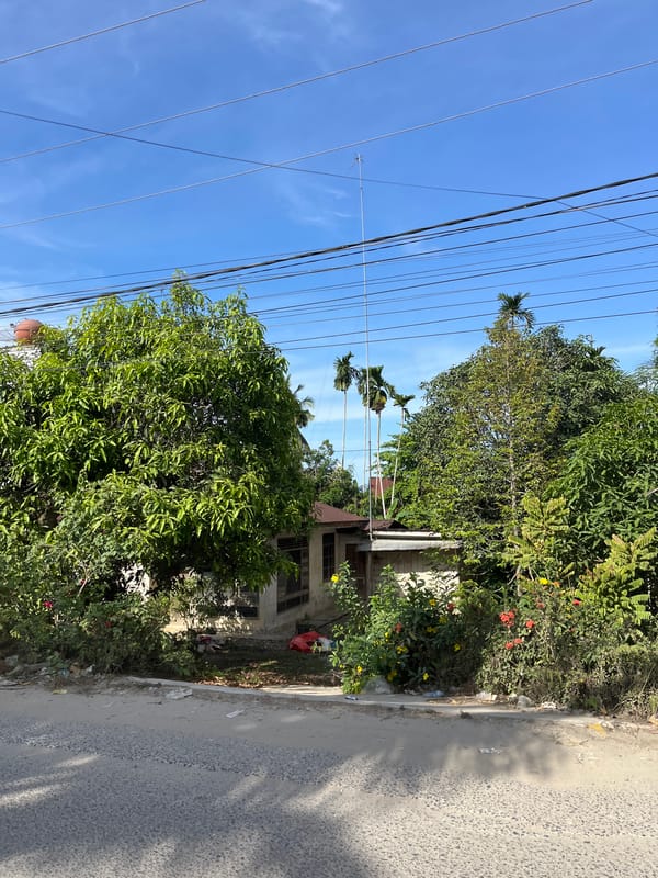 Roadside life in Bukitrata: homes, a mosque, open sky