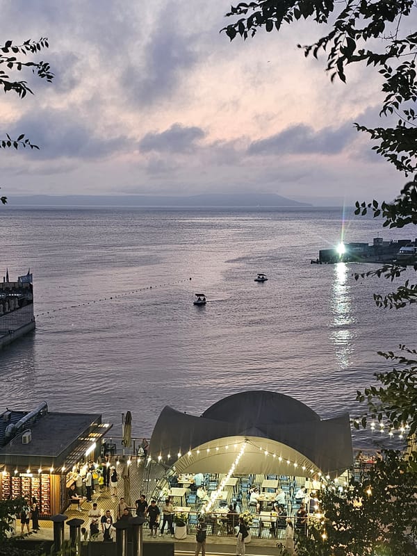Vladivostok waterfront at dusk, harbor and Ferris wheel