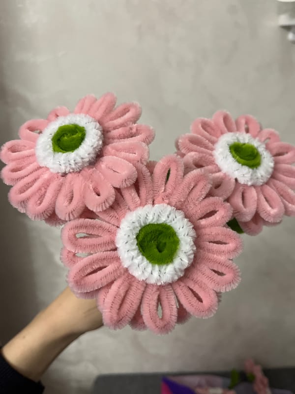 Person displays handmade pipe cleaner flowers in Shushary