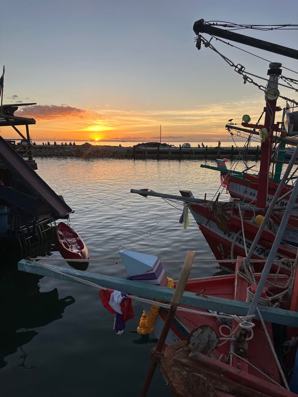 Koh Phangan harbor at golden hour, boats and shoreline life