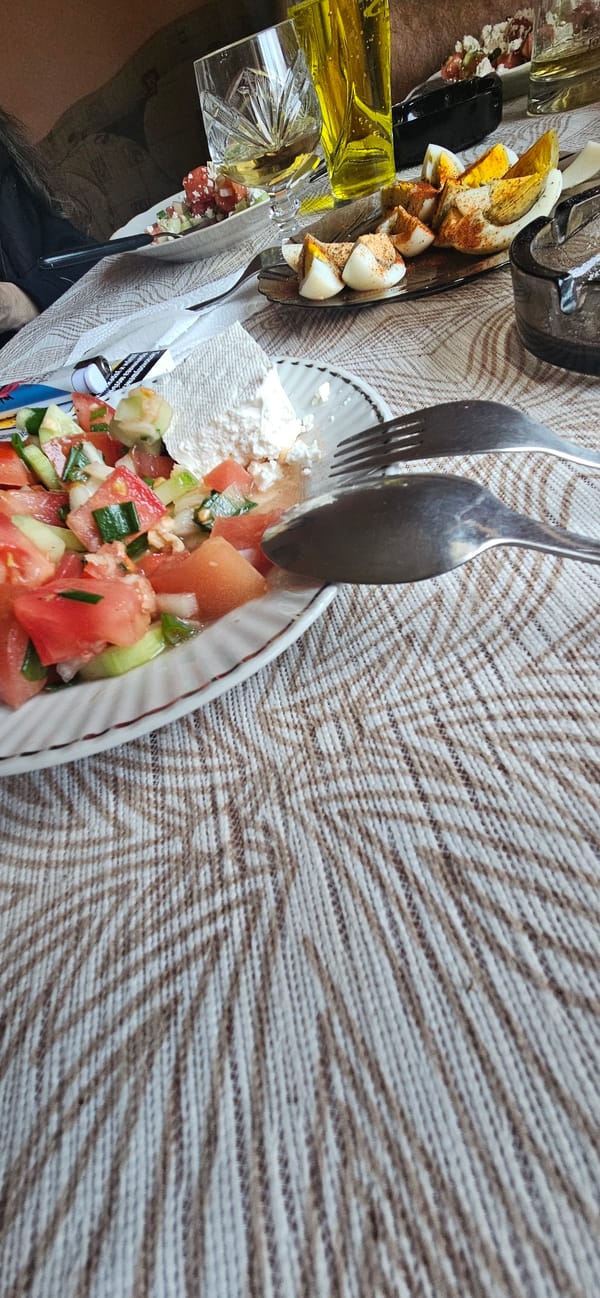 Easter meal celebrated with traditional salad and colored eggs