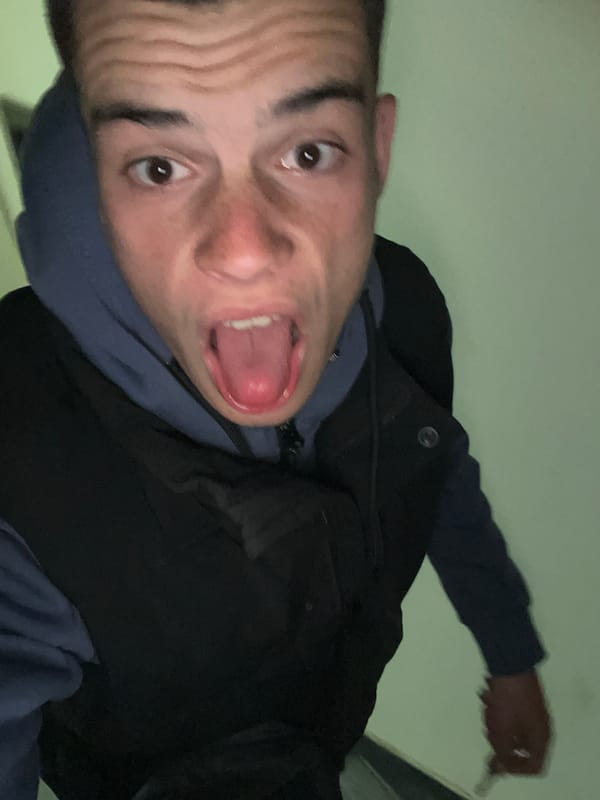 Person takes distorted low-angle selfie in Sopot, Bulgaria