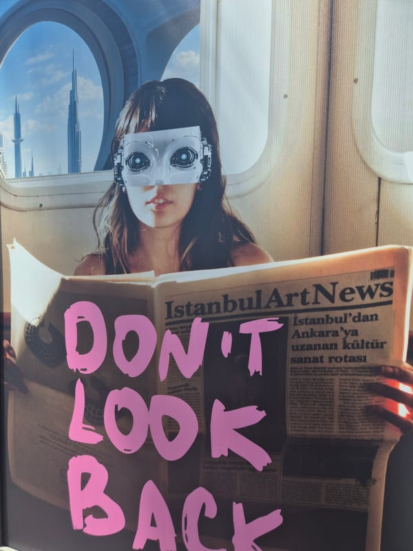 Woman with robotic face reads Turkish arts newspaper in Genoa