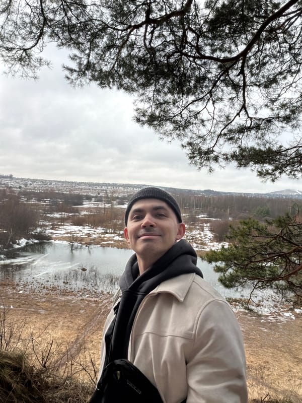 Person documents humid winter forest walk near Izhevsk