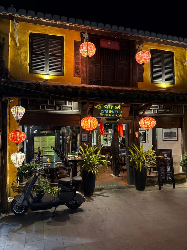 Nighttime view of restaurant exterior in Hội An, Vietnam