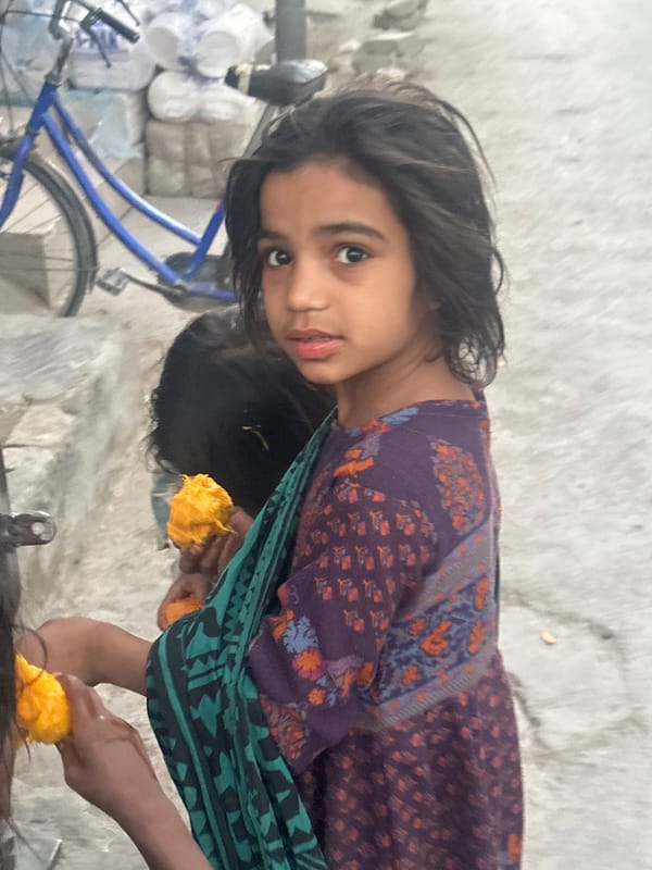 Girls with bicycle and fruit captured in urban setting