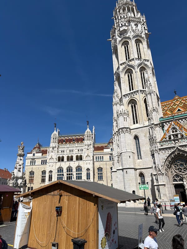 Tourist documents Budapest landmarks during sunny morning walk