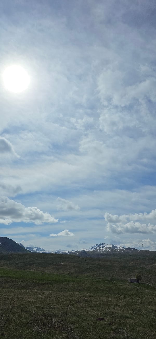 Morning landscape documented in Krnovo, Montenegro shows hillside, distant peaks