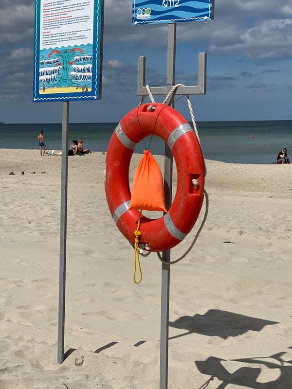 Sunny beach day documented in Zelenogradsk with families, murals