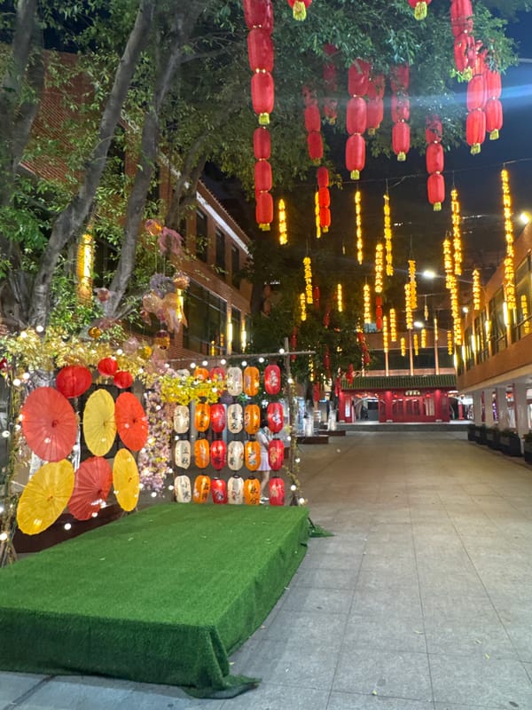 Festival decorations and nighttime cityscape observed in Yuexiu District