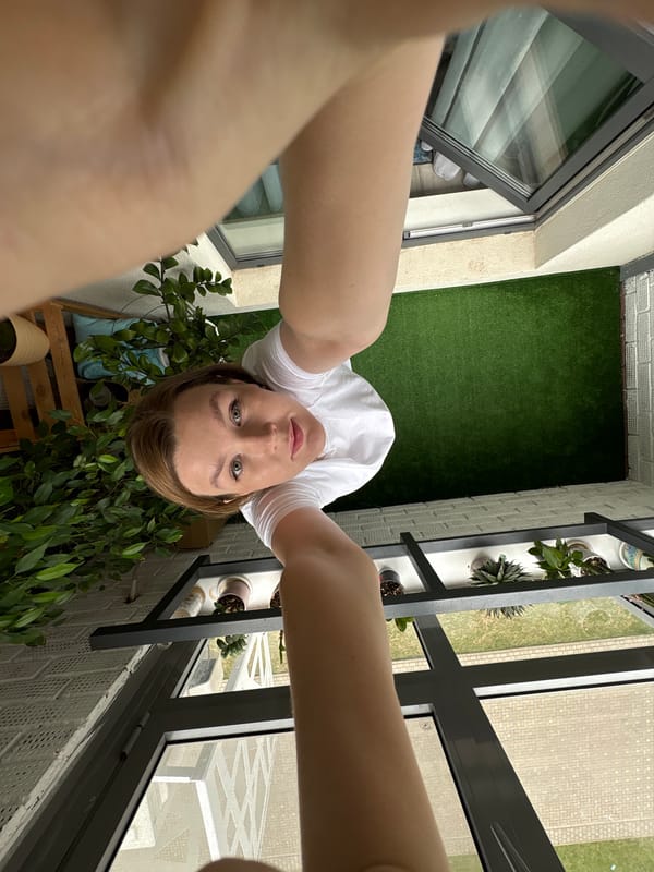 Woman captures selfie series across Izhevsk locations in morning