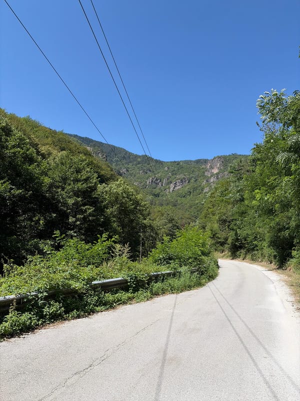 Roadside stop near a dam in the forested hills above Devin