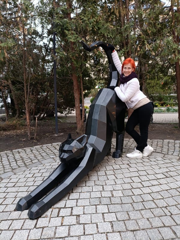 Woman poses with cat sculpture near shelter in Zelenogradsk