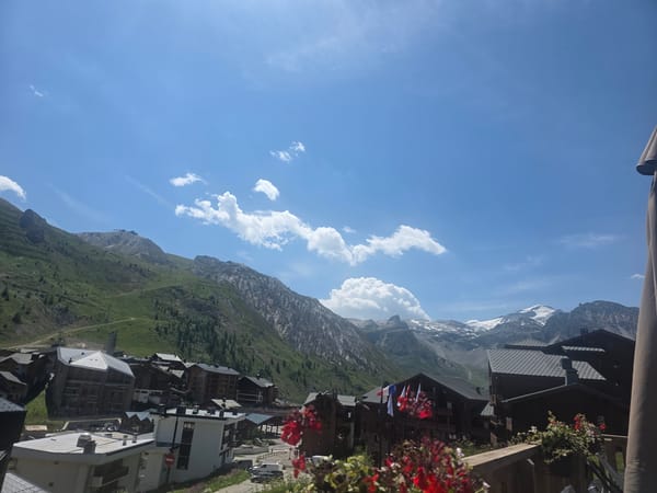 Tignes alpine village from above, balconies and chalets