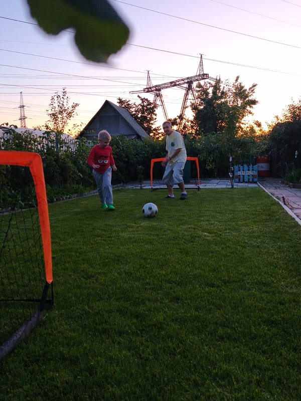 Backyard soccer and flowers on a summer evening in Chaikovsky