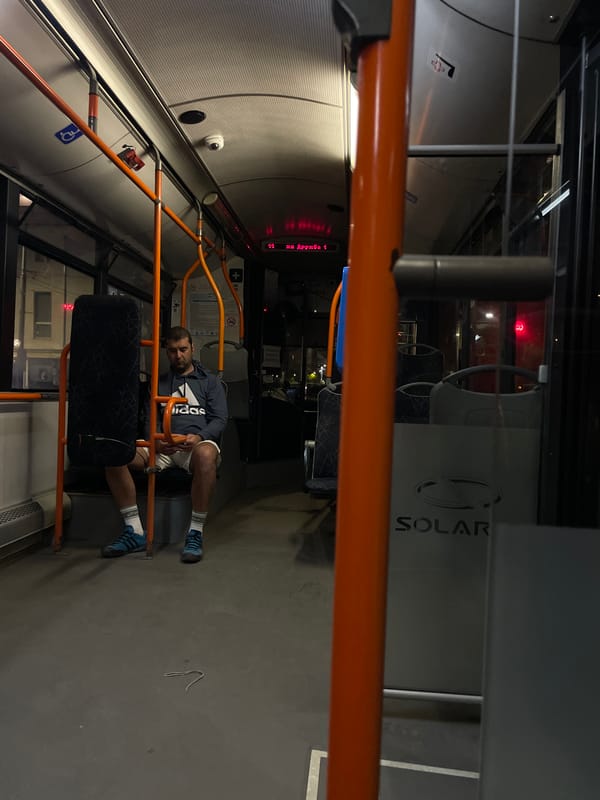 Nighttime public transport interior documented in Sofia, Bulgaria